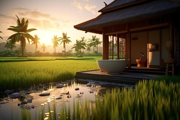 Baño de estilo japonés en medio de los campos de arroz una mañana serena