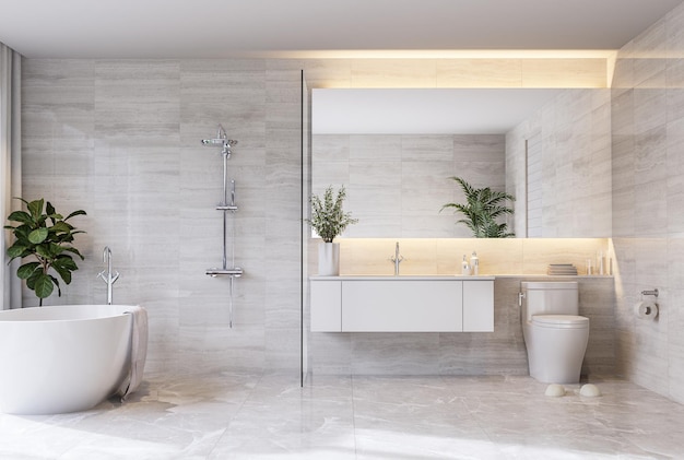 Baño de estilo moderno blanco de lujo con suelo y paredes de mármol renderización 3D