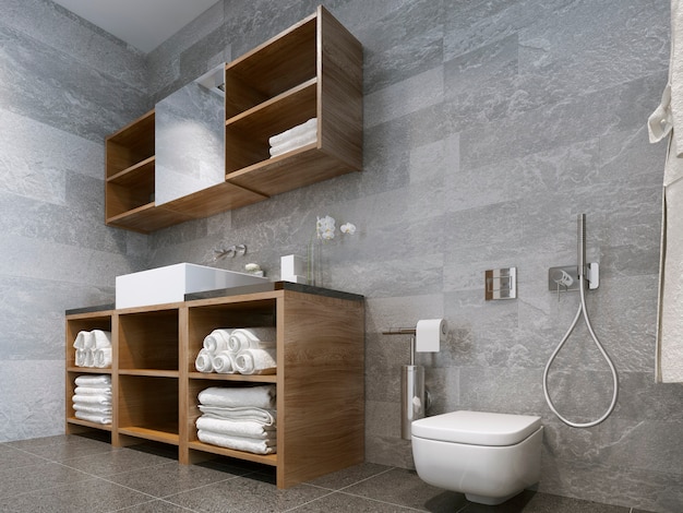 Baño de estilo moderno con madera y piedra natural para baño perfecto para un hotel o casa.