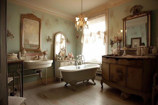 Baño estilo shabby chic completo con bañera con patas y tocador antiguo