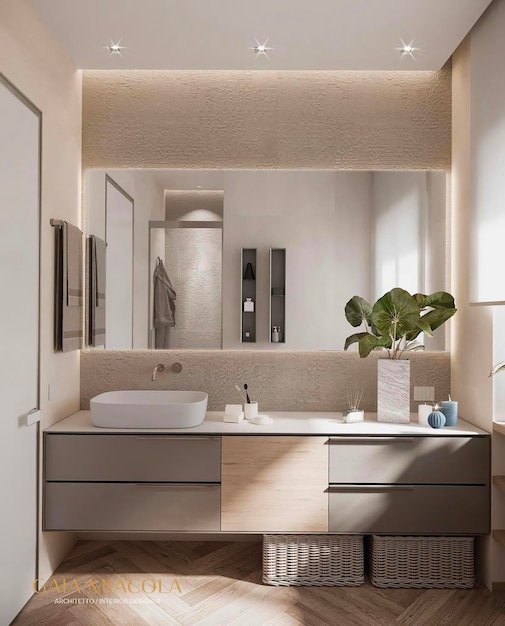 un baño con un fregadero y un gabinete con una planta en él