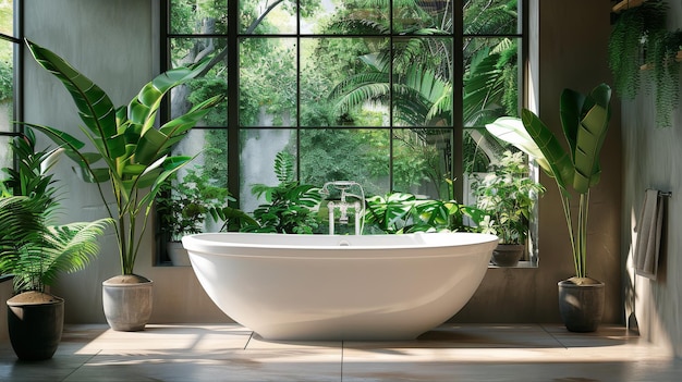 Baño con gran bañera blanca y planta