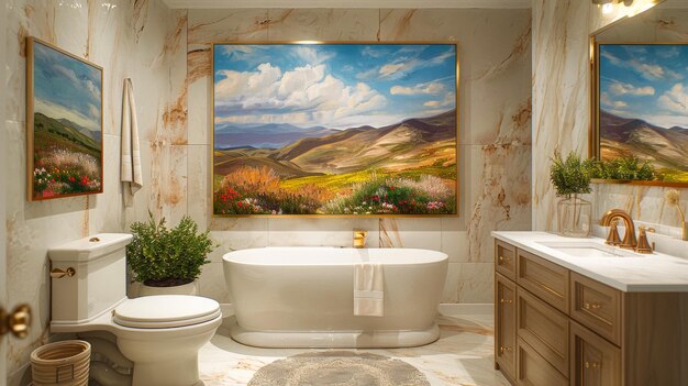 Foto un baño con una gran pintura enmarcada de un campo de flores en la pared