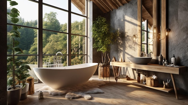 Un baño de inspiración escandinava con un ambiente acogedor y atractivo que presenta elementos de madera natural