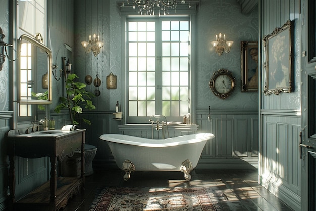 Baño de inspiración victoriana con bañera de patas de garra y v