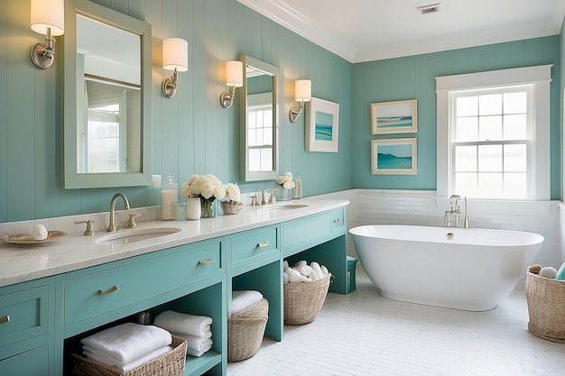 Baño inspirado en la costa con acentos de conchas marinas y una paleta de colores de playa