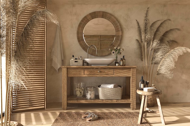 Baño interior de estilo escandinavo boho con muebles de madera natural ilustración de render 3d