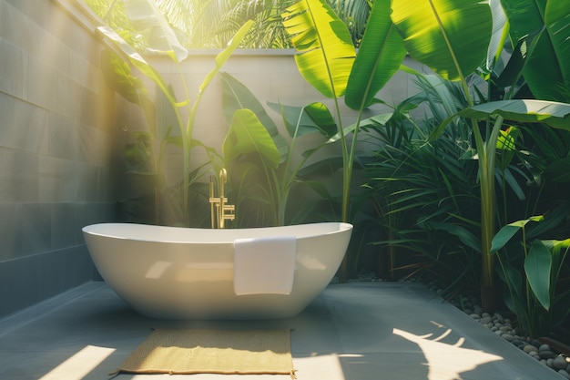 Baño interior de lujo bañera moderna al aire libre y plantas exóticas verdes plátanos palmeras hojas spa del hotel