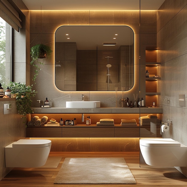 baño interior moderno con estilo moderno espejo fregadero blanco AI generativo