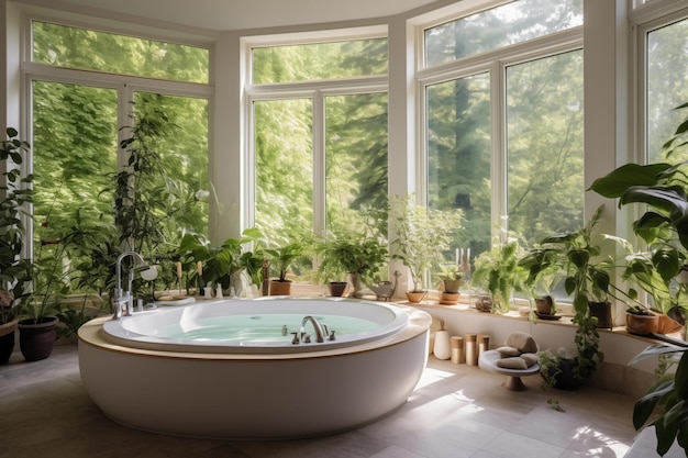 Baño interior con ventanas panorámicas Baño de plantas de interior en ollas Spa salón hotel relajarse