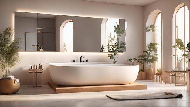 Baño con lavabo, espejo y bañera. Representación digital de Hendrik van Steenwijk I en Shutterstock
