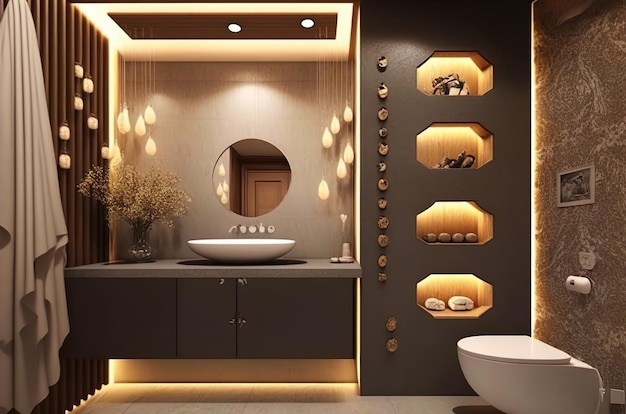 Un baño con un lavabo y un inodoro con un estante que dice 'baño'