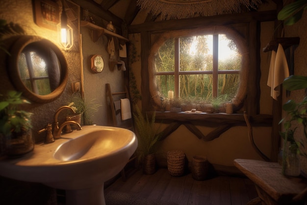 Un baño con lavabo y una ventana que dice "jungla"