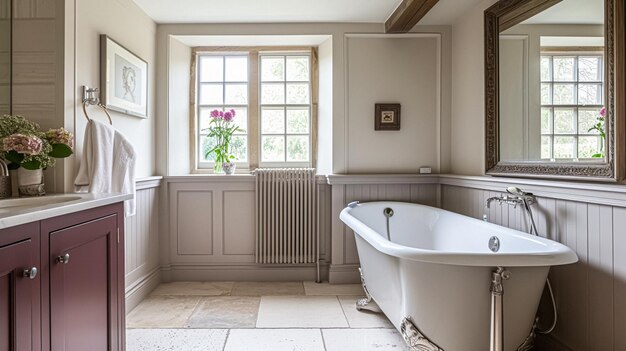 Baño de lujo con detalles de mármol y acentos de borgoña diseño interior y decoración del hogar