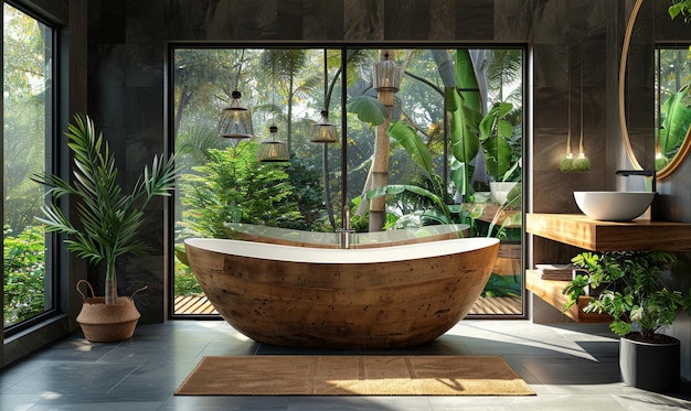 Baño de lujo con elegante bañera de madera y exuberante vegetación con vistas a un jardín tropical