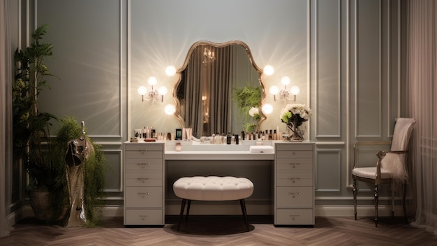 Baño de lujo con espejo y sillón