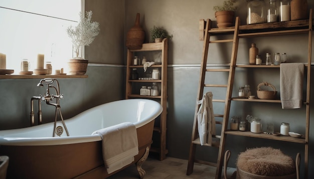 Baño de lujo moderno con material de madera elegante y diseño limpio generado por IA