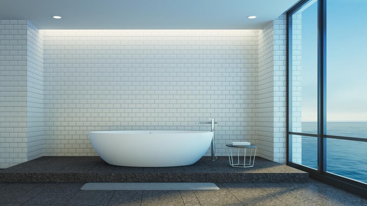 Baño de lujo moderno con vistas al mar - Representación 3D