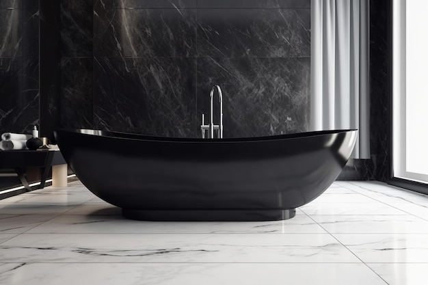 Baño de lujo con ventana Bañera negra grande moderna y baldosas de mármol AI