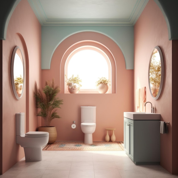Baño de lujo wc en colores pastel con espejos y plantas wc en colores pastel con espejos y plantas IA Generativa