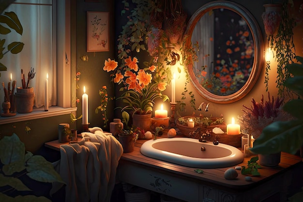 Baño a la luz de las velas con adornos florales y plantas en el lavabo creado con aire generativo