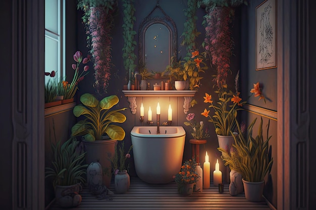 Baño a la luz de las velas con adornos florales y plantas en el lavabo creado con aire generativo