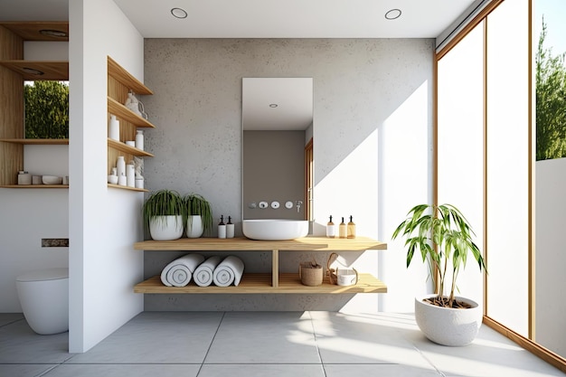 Baño de madera blanca con bañera y gabinete de maquillaje Lavabo montado en la pared Idea de plano de casa moderna