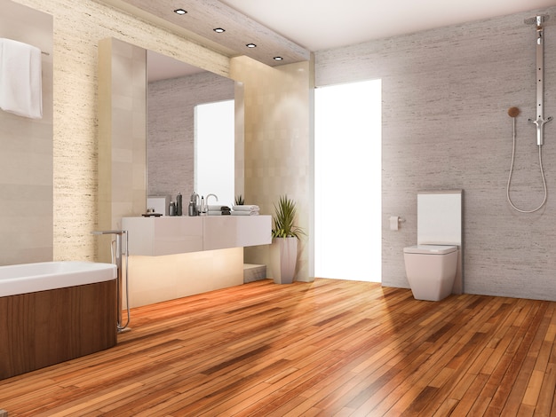 Baño de madera brillante de representación 3D con decoración moderna