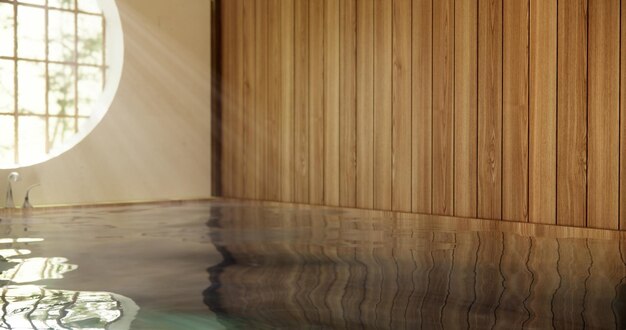 Foto baño de madera en japón estilo onsen moderno y minimalista