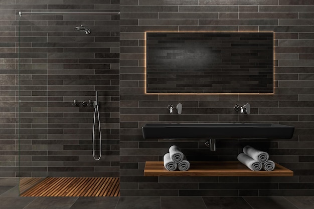 Baño de madera negra con ducha de doble fregadero