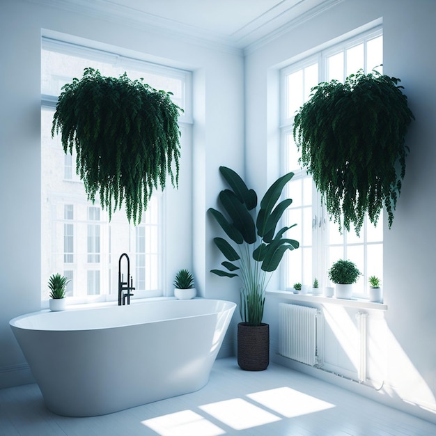 Baño minimalista blanco lleno de luz solar con gran planta y ventana