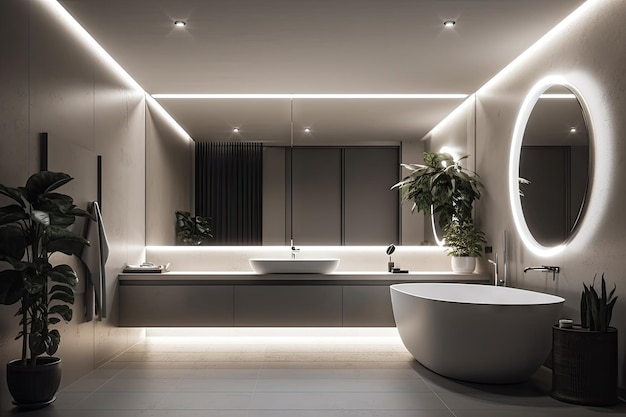 Un baño minimalista con iluminación elegante y detalles en vidrio transparente creado con IA generativa