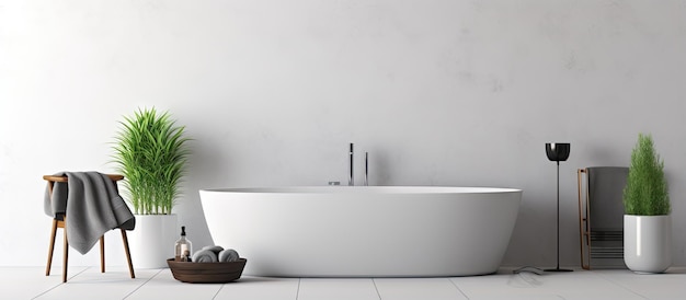 un baño minimalista con paredes blancas de azulejos grises una bañera blanca una silla con champús y toallas y una alfombra en el suelo