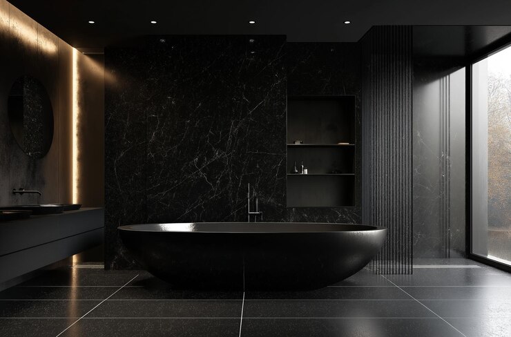 Baño minimalista con paredes de mármol negro y bañera