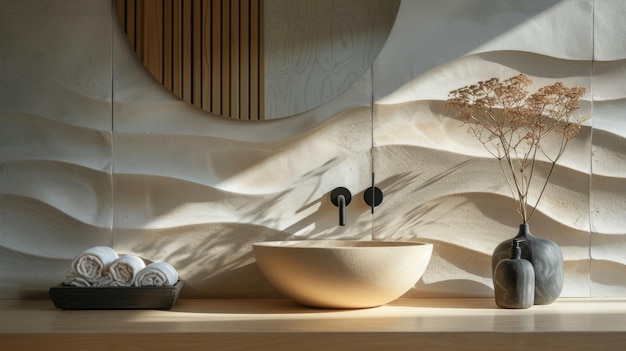 Foto un baño minimalista con un respaldo de yeso adornado con sutiles remolinos y curvas orgánicas