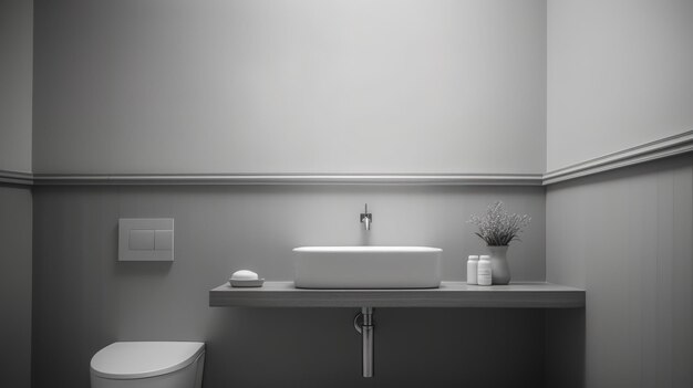 Foto baño mínimo de color blanco y gris