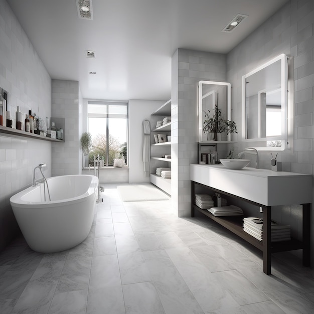 Foto baño mínimo de color blanco y gris