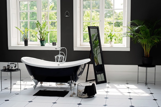 Baño moderno en blanco y negro con accesorios plateados con grandes ventanas soleadas. Concepto de diseño de interiores