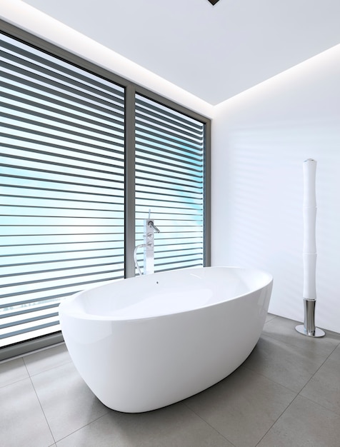 Foto baño moderno blanco de piedra blanca junto a la ventana. representación 3d.