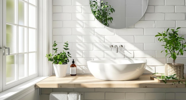 Baño moderno de estilo escandinavo con vegetación y luz solar Concepto de diseño de baño con fregadero blanco encimera de madera y pared de ladrillo blanco Generado por IA