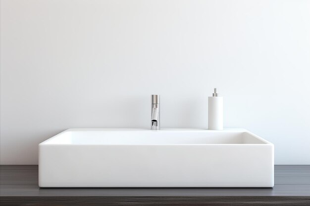 Foto baño moderno con fregadero de recipiente cuadrado blanco y grifo de cromo para un diseño interior minimalista elegante