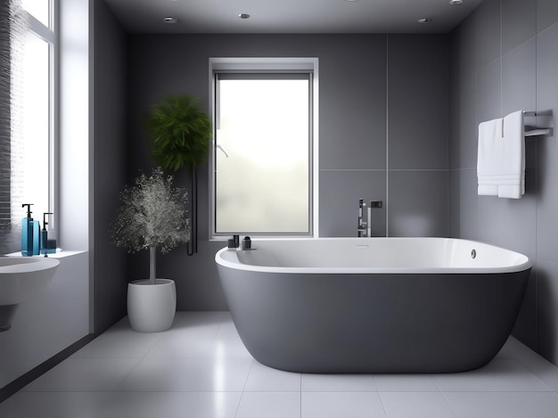 Baño moderno gris con bañera Ilustración de IA generativa