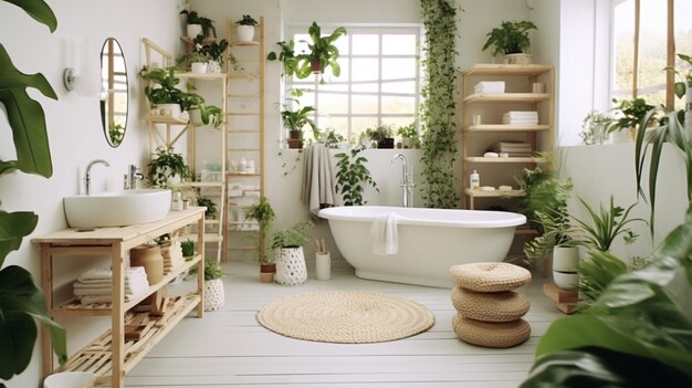 baño moderno de lujo con una ventana de vista del bosque tropical con aspecto estético