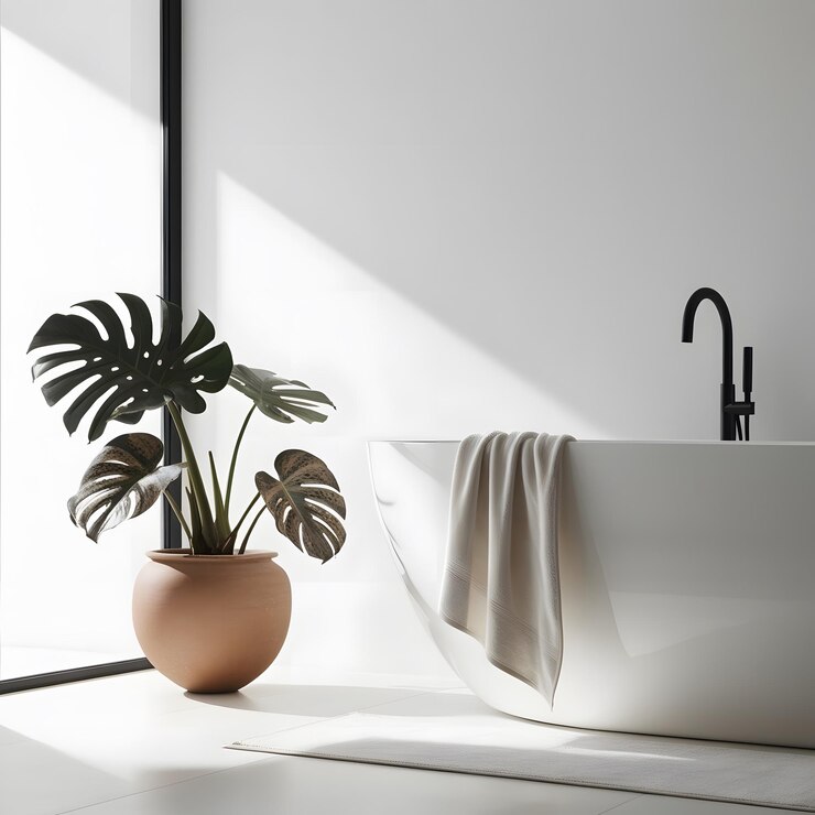 Un baño moderno minimalista con una bañera, una planta y una alfombra blanca