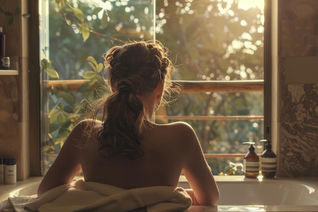 Baño moderno con una mujer de la ventana con la espalda a la cámara mirando por la ventana