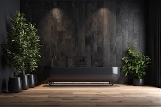 Baño moderno con paredes negras y pisos de madera IA generativa
