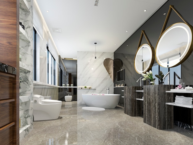 Baño moderno de renderizado 3D con decoración de azulejos de lujo