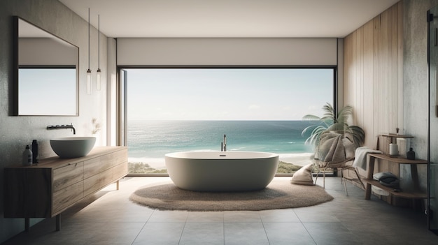 Un baño moderno con vista al mar