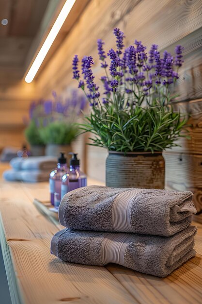 Un baño con un mostrador de madera y toallas en él y un jarrón con flores de lavanda en él y una toalla