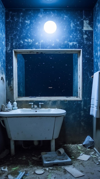 Un baño con una pared azul y una bañera blanca y una ventana que dice "la palabra".